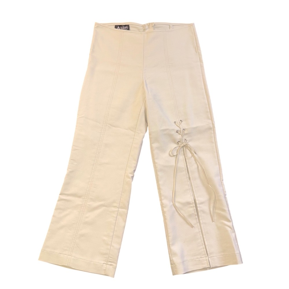 A-list by Wrapper Vintage Y2K Cream Lace Up Flare Pants Capris Small I3152216